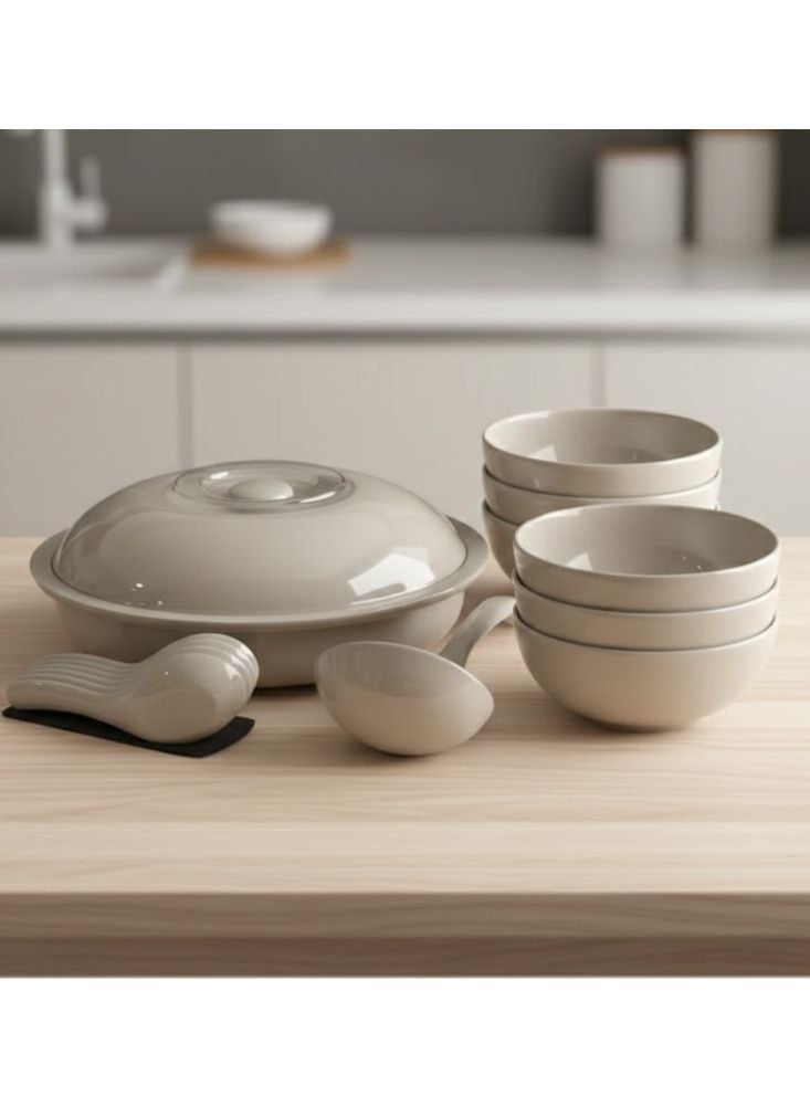 بريميم طقم عشاء كامل من السيراميك الأبيض، يتضمّن أطباقًا وملاعق وصحن تقديم - Image 2